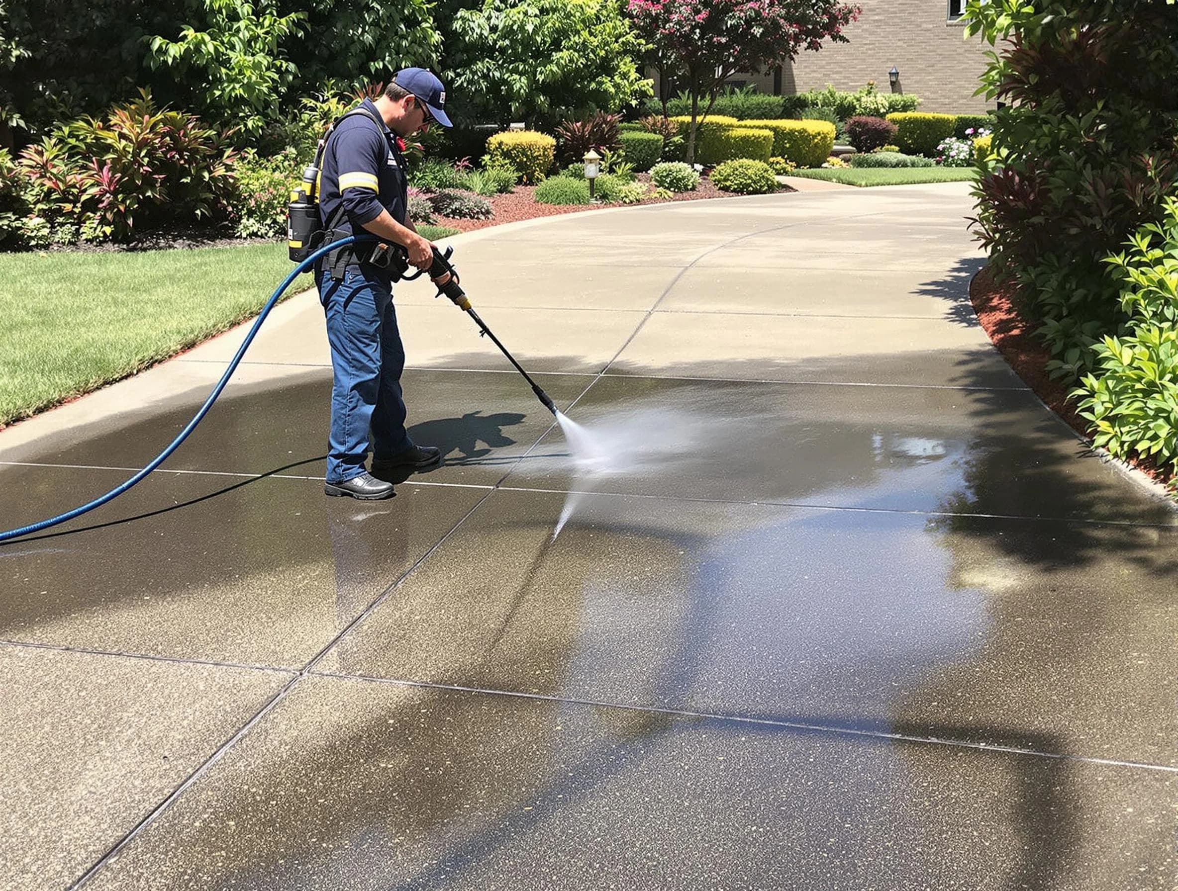 Experienced Solon Power Washing team member pressure washing a driveway in Solon