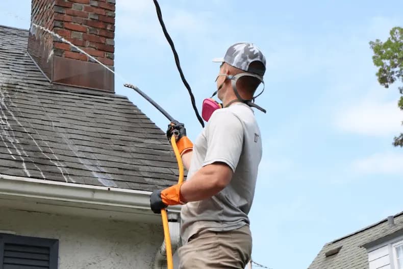 Solon Power Washing professional performing gentle roof washing service in Solon